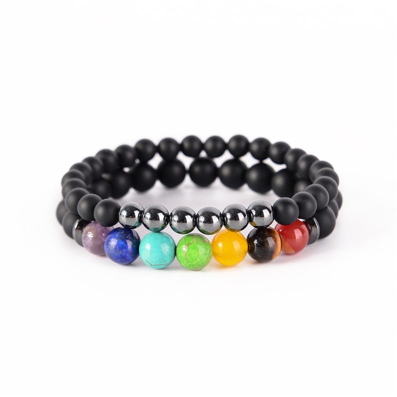 2pcsset 7 Chakra Bracelet Men Black Healing Balance Beads Buddha Prayer Natural Stone Yoga Bracelet For Women