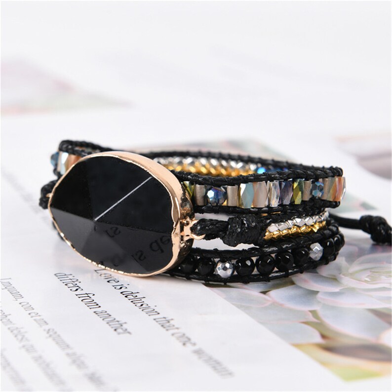 Black Wrap Braceletsonyx Hematite Wrap Bracelet Bracelet Etsy