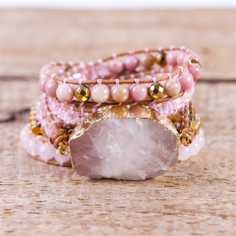 Rose Quartz Bracelet Healing Crystalleather Pink Stone Wrap Etsy
