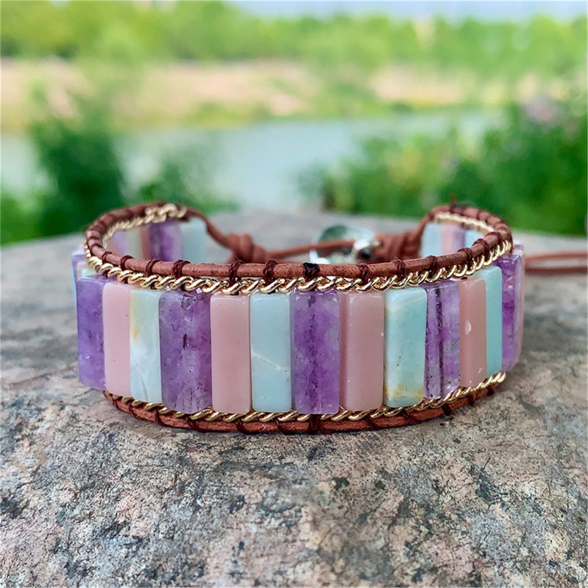 Natural Stones Leather Wrap Bracelets Jaspers Amethysts Chain Etsy
