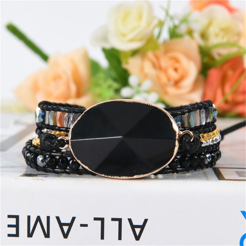 Black Wrap Braceletsonyx Hematite Wrap Bracelet Bracelet Etsy