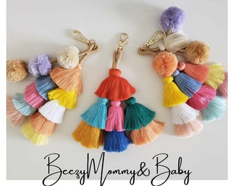 Colorful Tassel Bag Charm, Bag Decoration, Stocking Stuffer, Bohemian tassels, Pompom, threads, Mothers Day Gift, Ready To Ship Today, LOVE