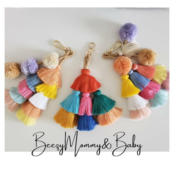 Colorful Tassel Bag Charm, Bag Decoration, Stocking Stuffer, Bohemian tassels, Pompom, threads, Mothers Day Gift, Ready To Ship Today, LOVE