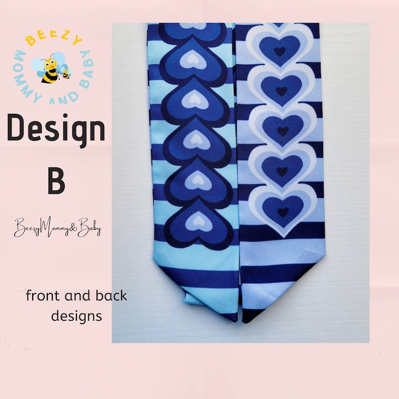May include: Two blue and white fabric strips with a heart pattern. The fabric strips are sewn together at the top and bottom. The fabric strips are designed with a blue and white striped pattern and a blue heart pattern. The text "Design B" is visible in the image.