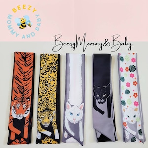 Two Pieces Animal Print Bag Scarves in Polyester Silk, Bag Decor, Gift Ideas, bag handle cover, birthday gift ideas, Tiger, Cat, Polyester
