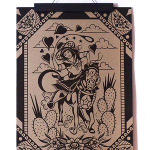 Cowgirl Western A3 Traditional Tattoo Flash Print