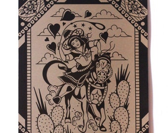 Cowgirl Western A3 Traditional Tattoo Flash Print