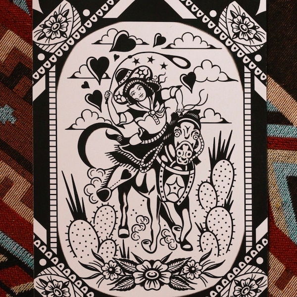 Cowgirl Western A3 Traditional Tattoo Flash Print