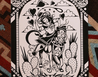 Cowgirl Western A3 Traditional Tattoo Flash Print