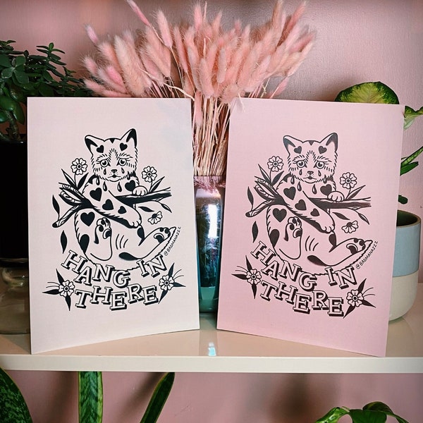 Hang in There Cat Traditional Tattoo Flash A4 Print