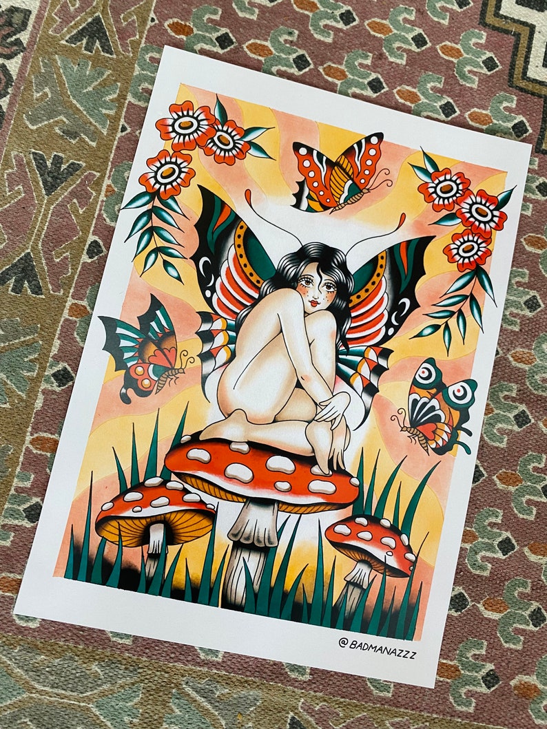 May include: A colorful illustration of a fairy with butterfly wings sitting on a mushroom. The fairy has long black hair and is wearing a red and green butterfly wing costume. The background is a yellow and orange gradient with green leaves and red flowers.