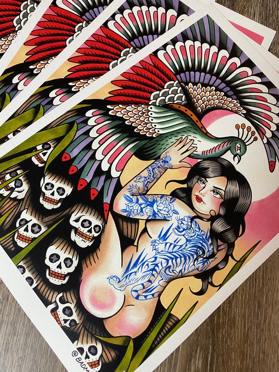 Peacock Lady A3 Traditional Tattoo Flash Print - Etsy