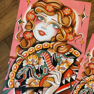 Lady and Fan A3 and A4 Traditional Tattoo Flash Print (2 Sizes)