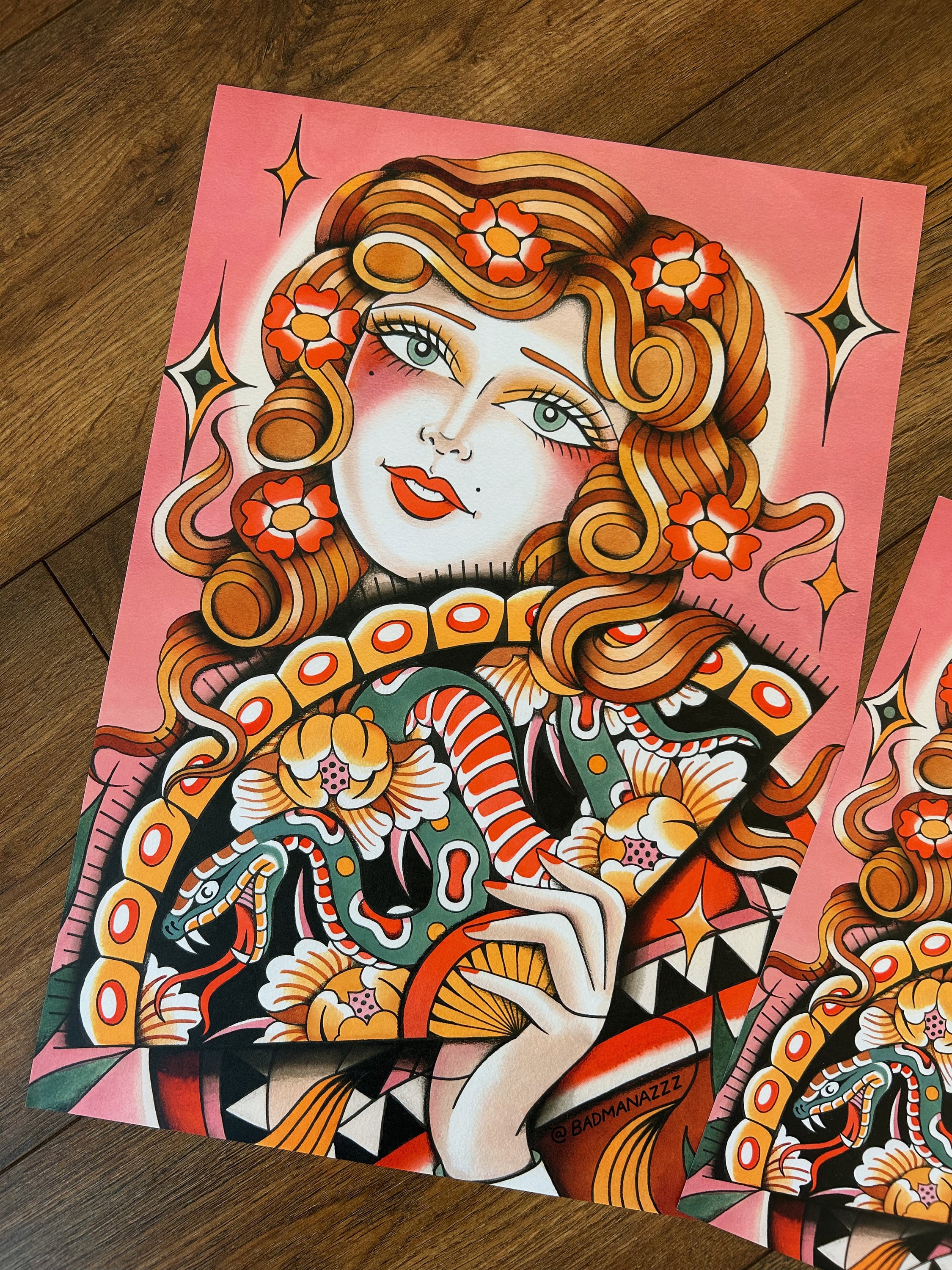 Lady and Fan A3 and A4 Traditional Tattoo Flash Print (2 Sizes)