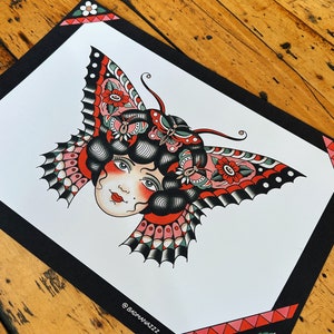Lady Butterfly Traditional Tattoo A3 Print