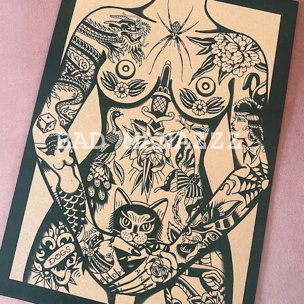 Tattooed Lady A3 Traditionelle Tattoo Blitz-Druck