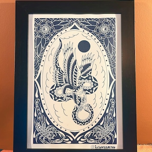 Battle Royale Eagle Snake Fight A3 Traditional Tattoo Flash Cyanotype Style Print