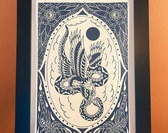 Battle Royale Eagle Snake Fight A3 Traditional Tattoo Flash Cyanotype Style Print