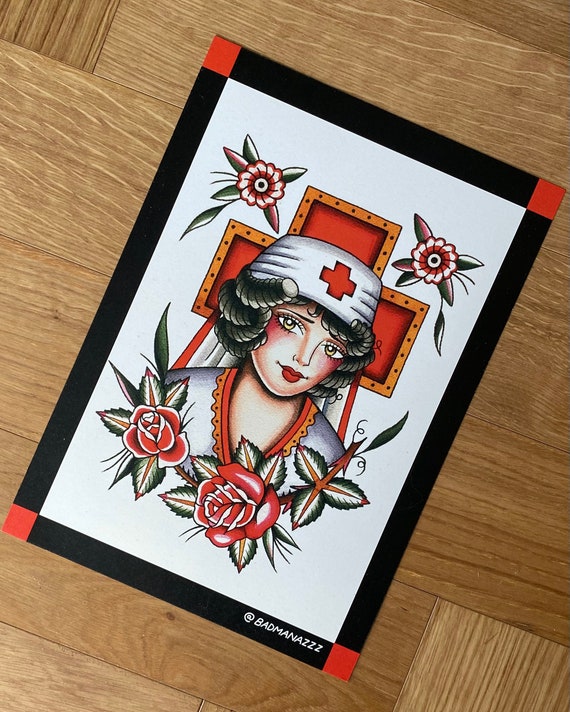Nurse Rose Of No Mans Land Traditional Tattoo Flash A4 Print Etsy
