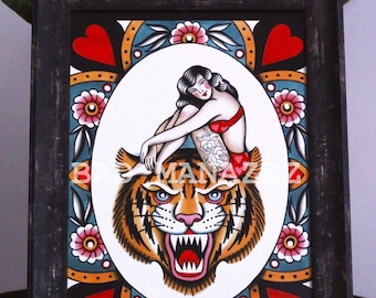 Tiger Queen A4 Traditional Tattoo Flash Print
