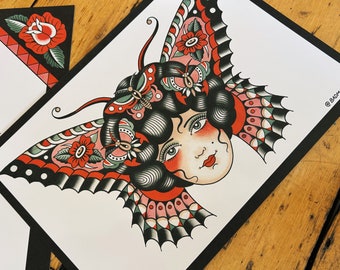 Traditionell tatuering för fjärilskvinna i A4-format