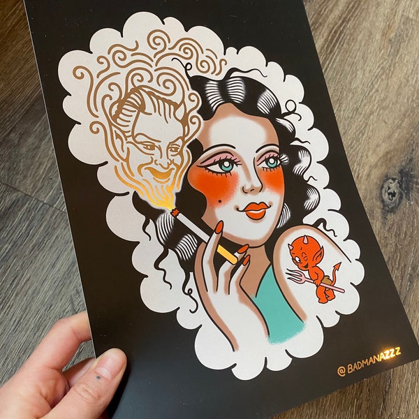 Shiny Rose Gold Foil El Diabla Devil Traditional Tattoo Flash A4 Print