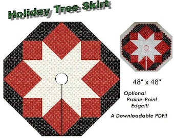 May include: A red, white and black quilt pattern for a 48-inch by 48-inch holiday tree skirt. The pattern includes an optional prairie point edge. The text "Holiday Tree Skirt" and "From Claudia's Quilt Shoppe" is included in the image. A downloadable PDF is available.