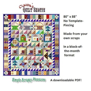Simple Scrappy Pleasures Quilt Pattern, downloadable pdf pattern