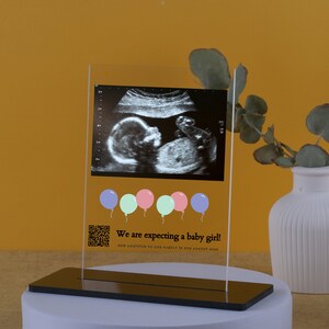 Personalized pregnancy gift acrylic block with ultrasound photo and QR code link to baby video.