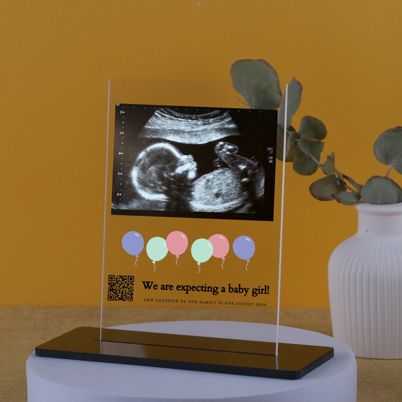 Personalized pregnancy gift acrylic block with ultrasound photo and QR code link to baby video.
