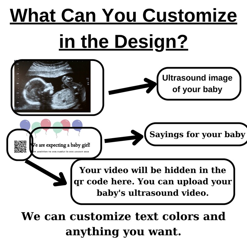 Customizable acrylic block pregnancy gift featuring baby ultrasound photo with QR code for video memory