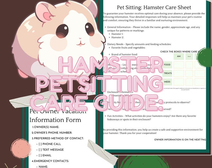 Hamster Pet Sitting Care Sheet - information to fill out for your pet hamster when you go on holiday