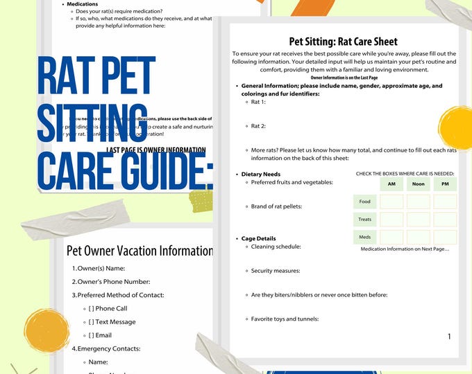 Rat Pet Sitting Care Sheet - information to fill out for your pet rat when you take a vacation