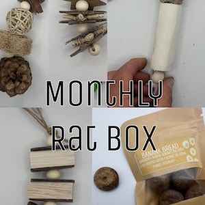 May include: A collection of hanging chew toys for small animals featuring natural materials like pinecones, loofah, wood, and woven rattan balls, alongside a brown paper pouch labeled Banana Bread containing small round treats for a Monthly Rat Box.