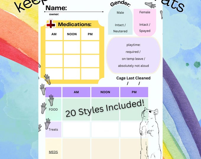 Rat Care Sheet - Digital Download & Print - easily keep track of pet rats information