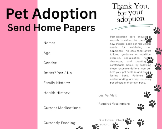 Pet Adoption Information Guide, a Form for New Owners, digital download