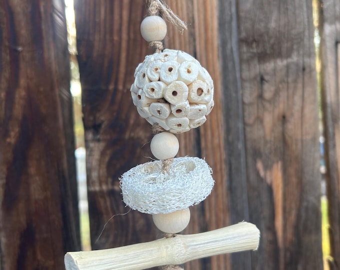 Hanging Small Animal Toy | All Natural Enrichment Item | sweet bamboo chew with a loofah and sola ball