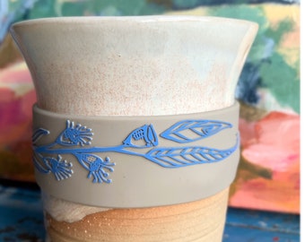 Scribbly GUM BEIGE • Embossed Australian Flora Original ~Thermal Art Sleeve for reusable cup, Native Flowers. Designed in Tasmania. BPA-Free