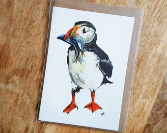 Hungry Puffin Greetings Card - Animal Lovers - Seabird Collection - Classic Watercolour Print