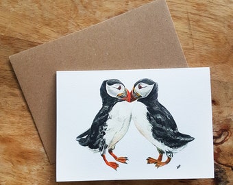 Kissing Puffins Greetings Card - Animal Lovers - Seabird Collection - Classic Watercolour Print