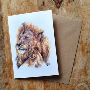 Lion and Baby A5 Blank Greetings Card - Animal Lovers - Parent & Baby Collection - Classic Watercolour Print