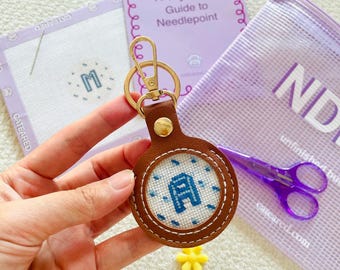 Needlepoint kit Self Finishing Bag Charm | Blue Monogram Custom Canvas | 18 mesh Complete Needlepoint kit | DIY Craft