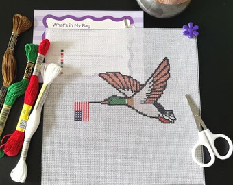 Mallard Duck American Flag Needlepoint Kit | Premium Mercerized Thread | 4th of July Patriotic Embroidery | Intermediate DIY