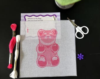 Gummy Bear Needlepoint Kit for Beginners | Premium Mercerized Thread | Easy First Project | Complete DIY Embroidery Starter