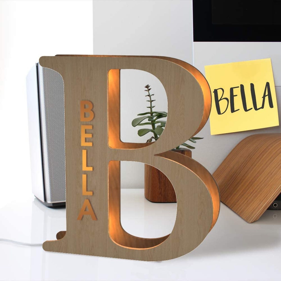 Personalized Wooden Alphabet Letter LED Light Night Lamp Etsy