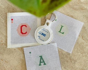 Personalized needlepoint keyfob self finishing Complete DIY kit Beginner friendly.