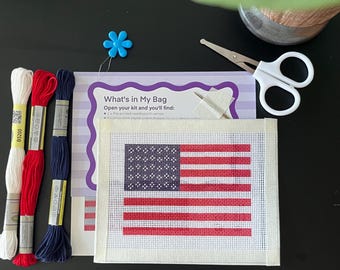 Poterneo Mini Needlepoint Kit - America flag 18mesh, Affordable & Beginner Friendly DIY Kit with DMC Floss