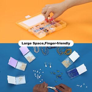 May include: An orange plastic organizer with multiple compartments filled with beads and jewelry-making supplies. The image also shows various jewelry components, including chains, earrings, and beads, with the text "Large Space, Finger-friendly".