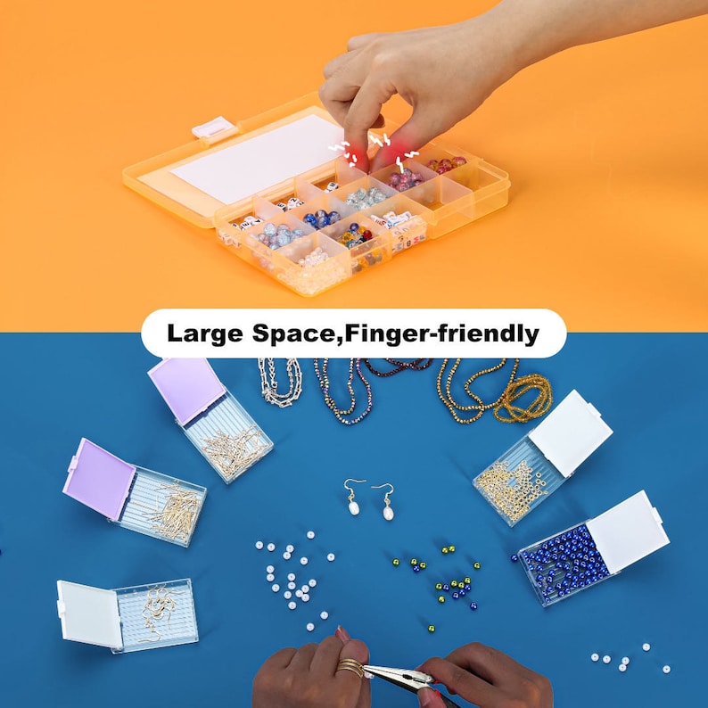 May include: An orange plastic organizer with multiple compartments filled with beads and jewelry-making supplies. The image also shows various jewelry components, including chains, earrings, and beads, with the text "Large Space, Finger-friendly".