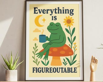 Everything is Figureoutable Printable Wall Art – Frog Coffee Quote Poster Motivational Print – Vintage Aesthetic – Digital Download